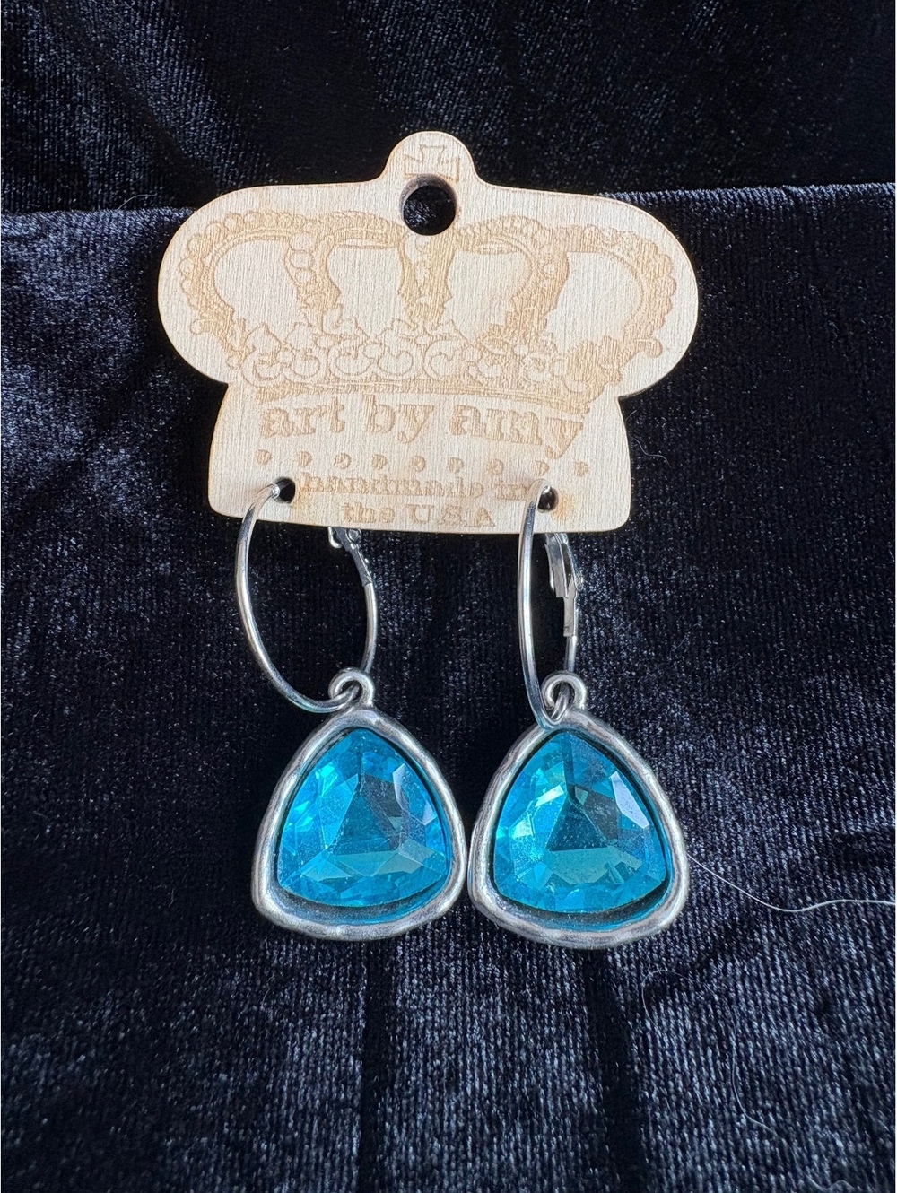 Art by Amy Minerva Blue Crystal Drop Earrings Silver Tone